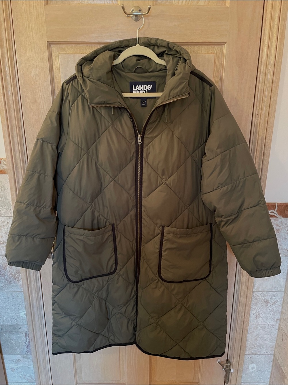 Lands' End Olive Hooded Quilted Puffer Coat with Black Trim